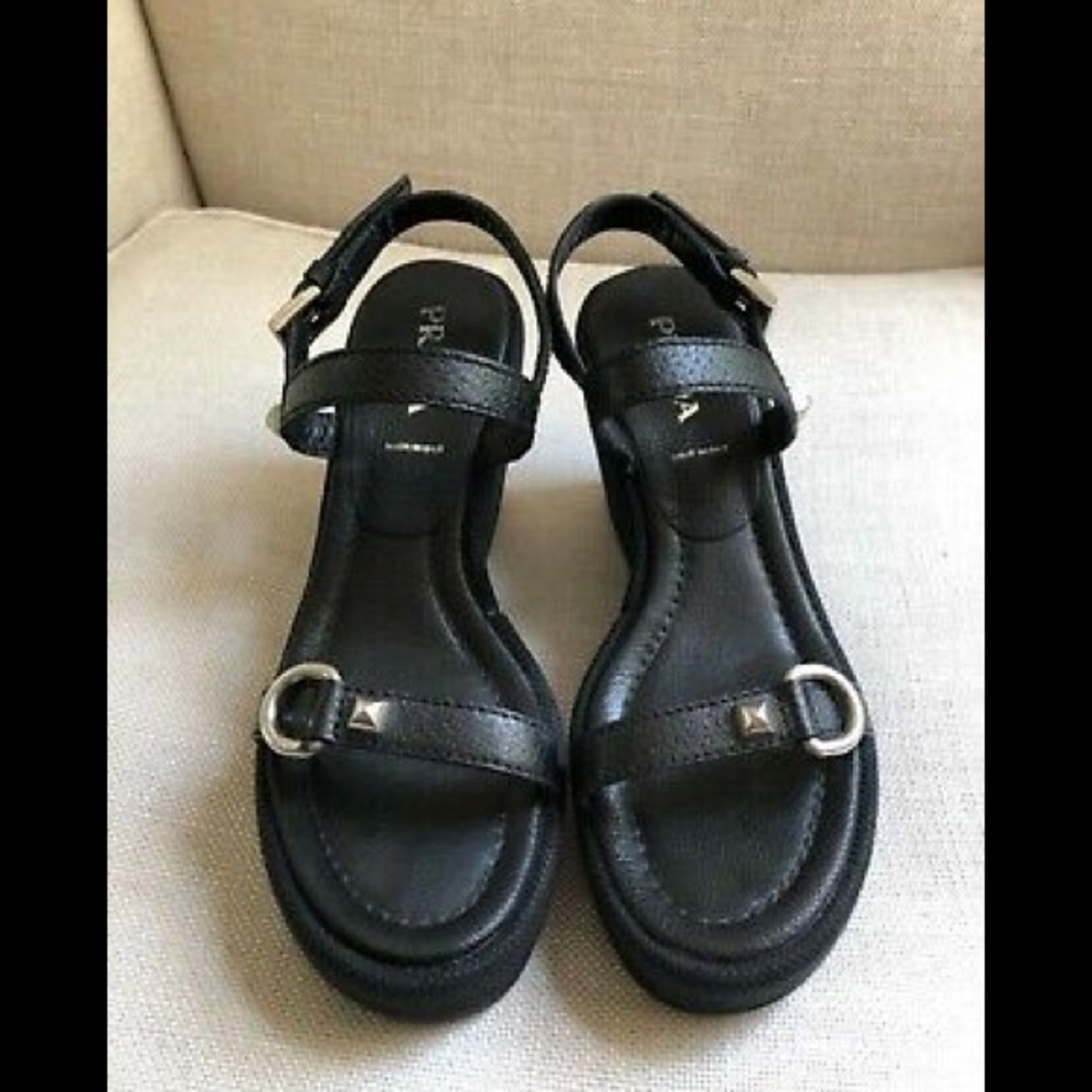 Prada Platform Sandals Black Leather Wedge Buckle - Picture 3 of 8